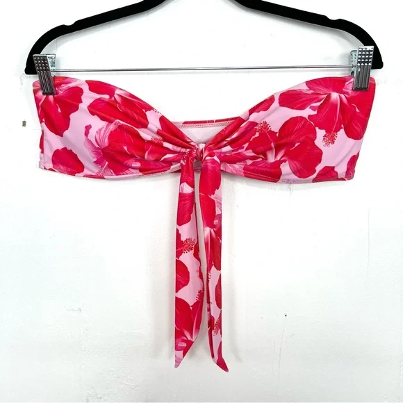 Pink Red Tropical Floral Tie Front Bandeau Swim Bikini Top Strapless Large - Picture 1 of 3